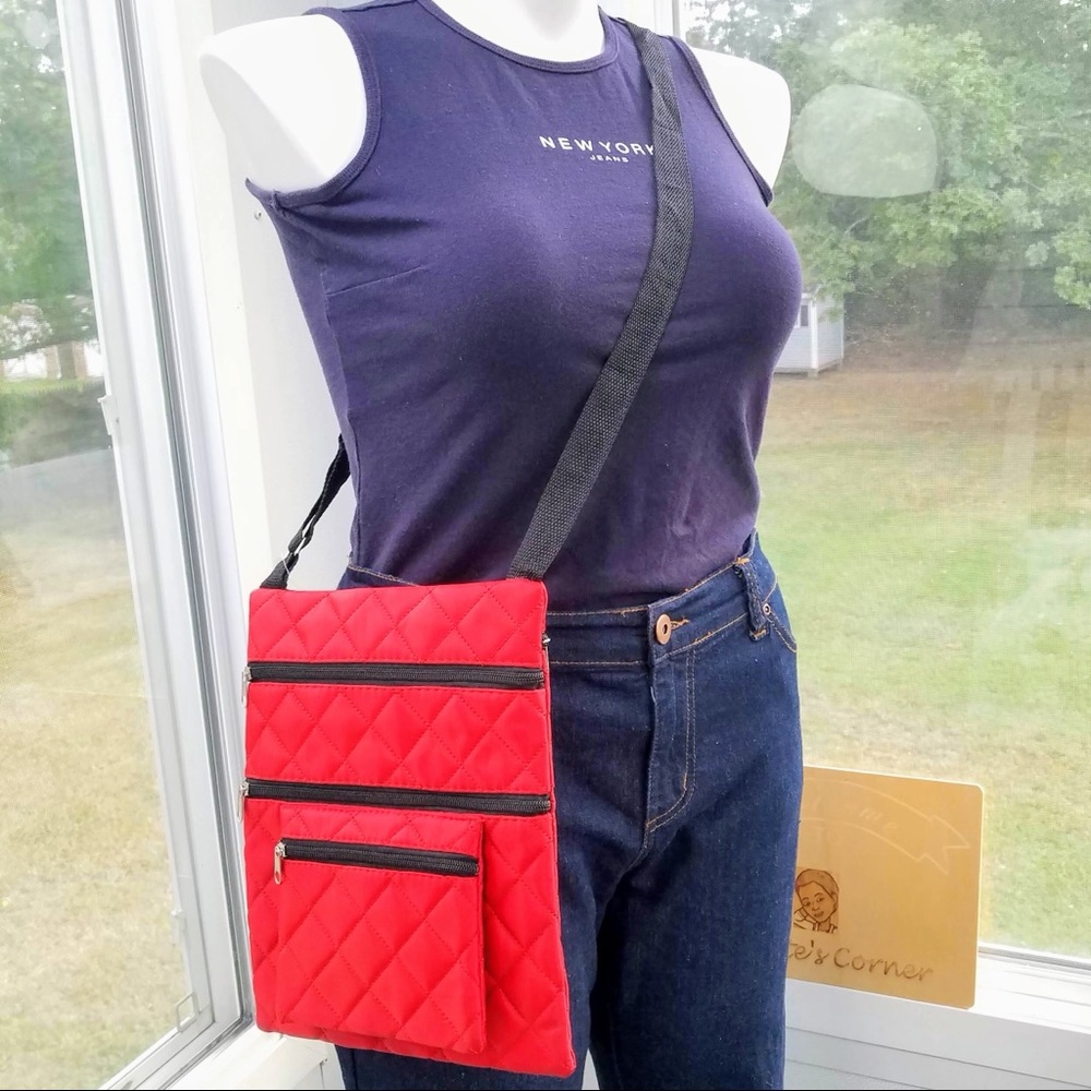 ❤️ Red & Black Quilted Nylon Crossbody Four Compartment Slim Messenger Bag